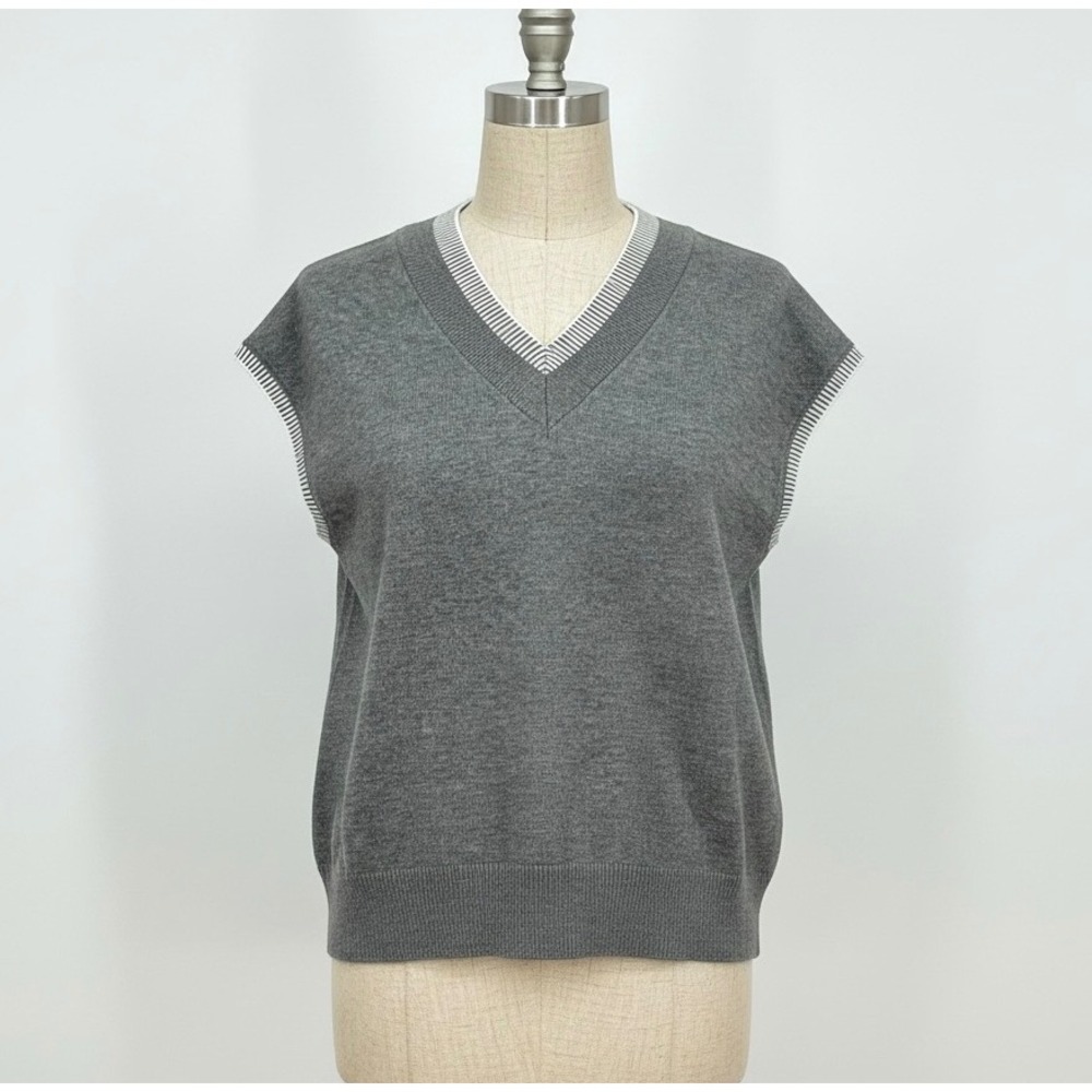 Dokotoo Womens‎ V Neck Sweater Vest Contrast Trim Knit Pullover Gray XL